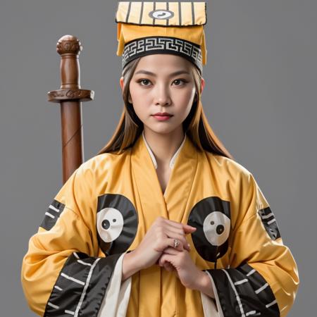 A woman wearing traditional Chinese attire stands in front of a grey background, with his arms crossed. He is dressed in a yellow robe that has black stripes on the sleeve edges, and adorned with a circular symbol under the right arm. The symbol consists of a black circle with two lines through it beneath a yellow circle. On his head, he wears a black and white striped hat. In his right hand, he holds a brown wooden sword with intricate carvings, with the handle of the sword resting against his right shoulder and the tip pointing upwards. The overall appearance of the woman exudes an air of confidence. <lora:dosifuku:0.75>,((â¯ï¸))