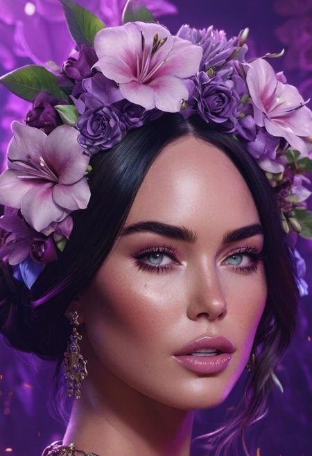 A digital art of queen of flower (blend of Ana De Amras and Megan Fox), wear a head piece of flower , up sight (detailed facial features:0.2), high quality, professional photo, (intricate detail), ((incredibly detailed skin:0.38)), Surreal Harmony, cinematic, purple lighting, 8K, HDR10, analog, purple light rays, digital art