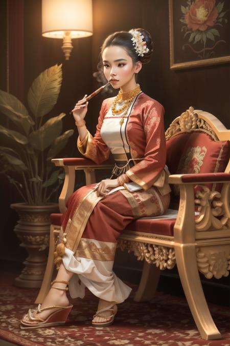 mmTD burmese patterned traditional dress pearl necklaces and gold bracelets black single bun hair with flower holding a cheroot cigar