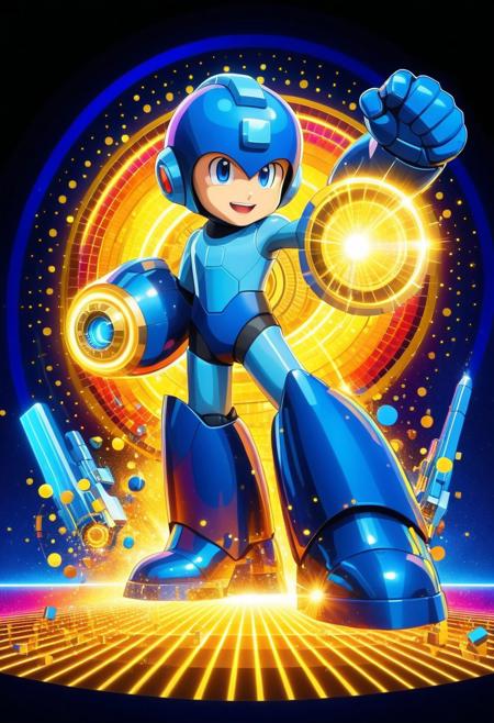 Character, Rockmegamen, megaman, blue bodysuit, thick blue round armored gauntlet, thick blue round armored boots, right arm buster cannon, blue helmet, sleek streamlined designed, bright blues clean aesthetic robotic,  proud face, excited pose, in the style of golden future. gears are falling as meteor shower colored baroque geometric patterns float around the canvas in the style of colorful digital art. The image has a futurist aesthetic with a nice futuristic disorder and psychedelic color palette. Black background, neon lights, glitch art, surrealism, high contrast, vibrant colors, psychedelic patterns, ethereal glow. The overall mood should be one of happy tomorrow and hopefull beauty.It's like something in the style of science fiction.Lewisrobinson