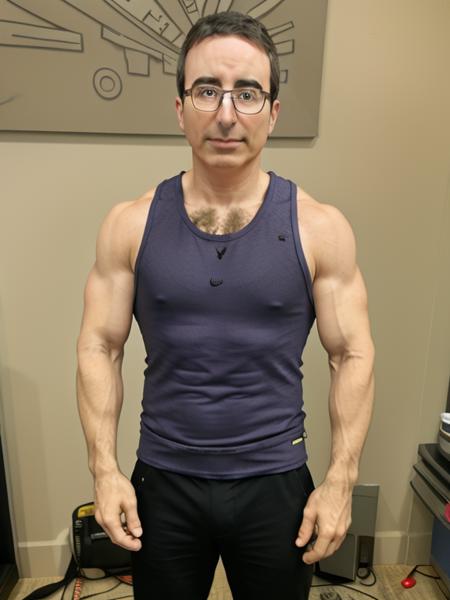 joliver, john oliver, flexing, tank top, muscular, standing, glasses, messy hair <lora:joliver:0.9>