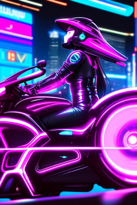 neoncycle motorcycle motor vehicle armor cyberpunk neon lights bodysuit science fiction on motorcycle riding reflection neon trim