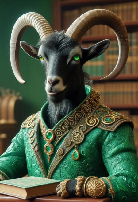 A close-up of an unusual and dignified goat with a scruffy goatee, amber-colored eyes, and a pair of long, spiraling horns wrapped in golden threads. The goat wears an elaborate, dark-toned jacket, almost regal, with decorative buttons and tiny magical symbols embroidered along the collar. On its muzzle rests a round monocle, with a lens that reflects a faint green light, and from its left ear hangs a vibrant green feather attached to a silver ring. Clutched between its front hooves is a small, ancient leather-bound book, embossed with arcane symbols. Behind the goat, hints of an old library are visible, with shelves filled with scrolls and potions. The atmosphere is one of wisdom and mystery, and the goat’s gaze is piercing, as if carefully assessing whoever stands before it, exuding an air of authority mixed with a touch of irony
emeraldmorph