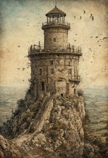 Epic high conceptual digital illustration, hyper realistic intricate artwork, creation of an image that is showcasing grand landscapes with historic watchtowers, emphasizing the guardianship over time, sharp focus, vintage atmospheric ambience, art on old paper, Oli and ink on canvas, dedicated watercolor, masterpiece painting, pen and pencil, deep sharpness, intricate detailing, award winning portrait by Kingshuk's craziness