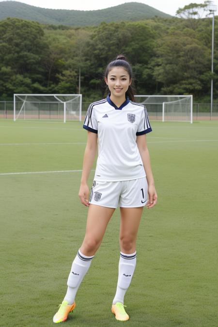 1 woman, beautiful, detailed, full body shot, scenic view
<lora:Soccer Uniform By Stable Yogi:0.5> beige soccer uniform, soccer field