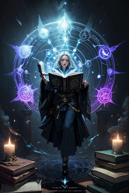 1 girl, colorful, full body, Wide Shot, wallpaper, energy, Unknown terror, arcane, Around the magic ,magic surrounds ,magic rod, book, pages flying all over the sky, Know it all, Predicting the Future, Know the past, Infinite wisdom, blue flame, Warlock, Magical Circle, Circle, Pentagram, incantation, mantra, Witcher,  Singing magic,  masterpiece, ultra realistic, best quality <lyco:MagicalCircle_Sora:0.9>