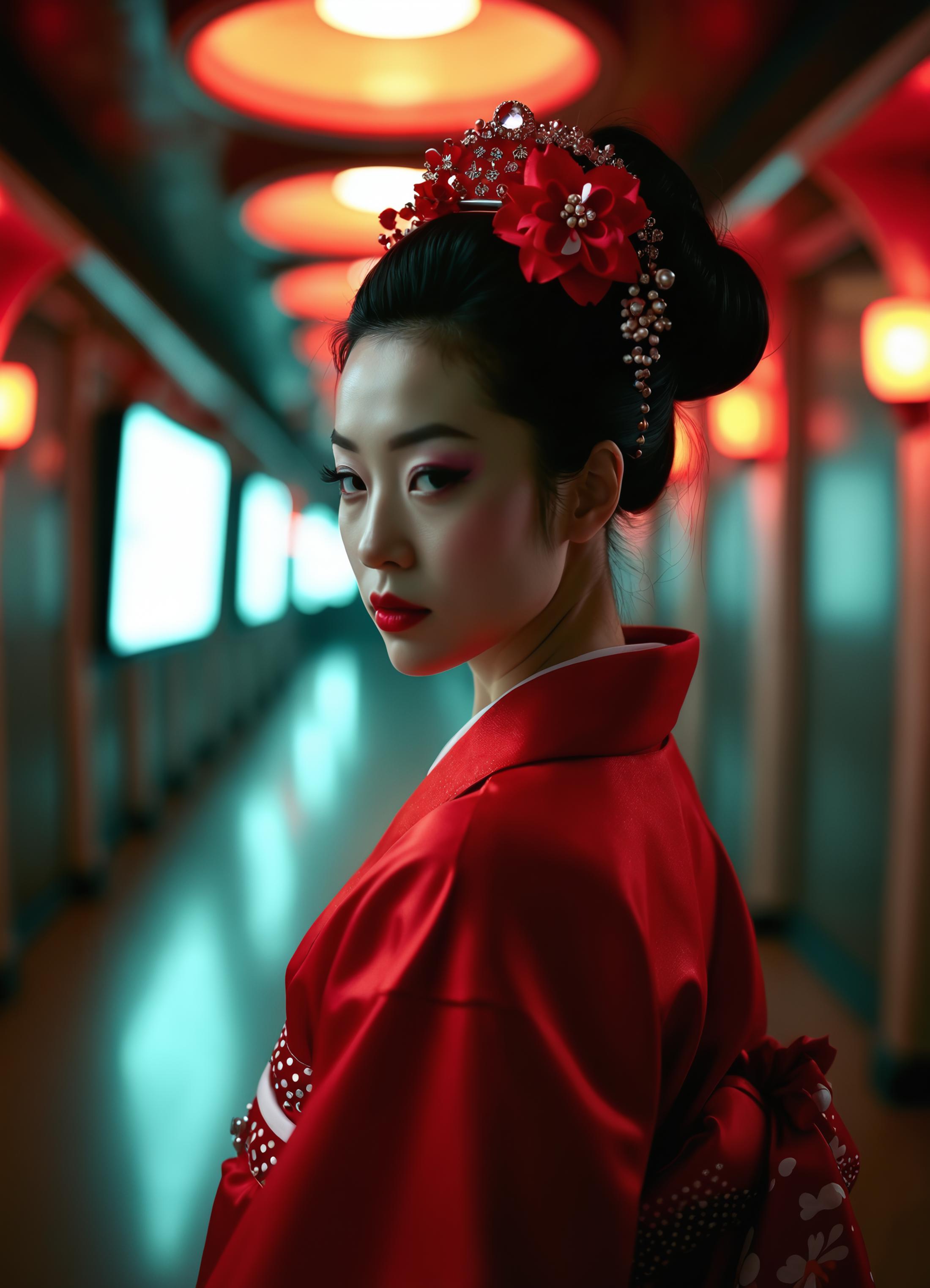 queen Amidala as cybernetic geisha, red kimono, against the dark corridors of a fantasy spaceship, style artist oyari ashito, super detailed, flickering light, speed,