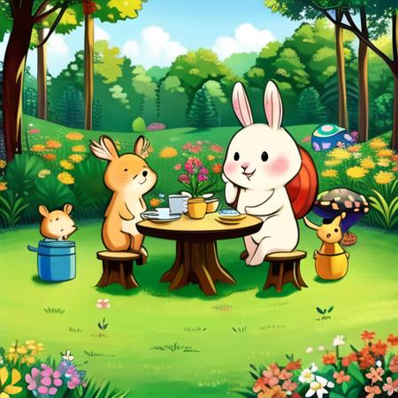 (masterpiece:1.2), best quality, masterpiece, highres, original, extremely detailed wallpaper, perfect lighting,(extremely detailed CG:1.2), drawing, animal, bamboo, bare tree, basket, bear, bench, bird, blue butterfly, blue flower, branch, bug, bunny, bush, butterfly, clover, daisy, dandelion, day, deer, fence, field, flower, forest, four-leaf clover, garden, grass, holding flower, hydrangea, ladybug, lily \(flower\), mushroom, nature, no humans, outdoors, path, pink flower, plant, pond, potted plant, purple flower, squirrel, traditional media, tree, tree stump, tulip, watering can, white flower, wooden fence, <lora:picture_book:0.7>