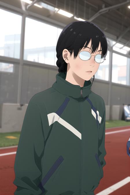 masterpiece, best quality, high quality, highres, high res, absurdres, ultra-detailed, best anatomy, detailed eyes, perfect eyes,
Walking with arms swinging in rhythm,
makoto_kurume, opaque glasses, solo, 1girl, braid, black hair, jacket, glasses, track jacket, green jacket, track suit, track pants, (no eyes:1.2),  <lora:makoto_kurumeV1:0.85>