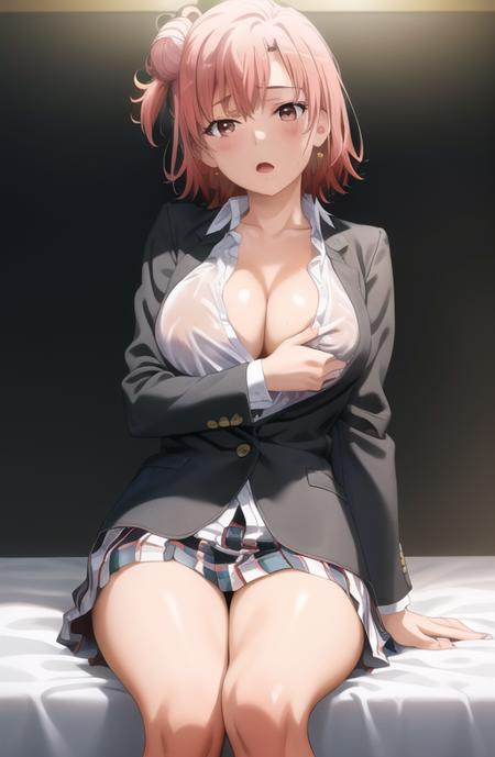 masterpiece, high quality, best quality, high resolution, 4k, high definition, beautiful lighting,highly detailed face, well drawn hands, well drawn legs,well drawn feet,well drawn eyes,1girl, yui, pink hair, short hair, side hair bun, pink eyes,black blazer, white shirt, plaid skirt, collar bone, cleavage, unbuttoned shirt, removing blazer, wet shirt, see through shirt, pink perky nipples, <lora:yuigahama_yui-01:1>