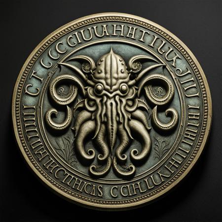 photograph an ancient damanged c01n with a cthulhu inscription over black background