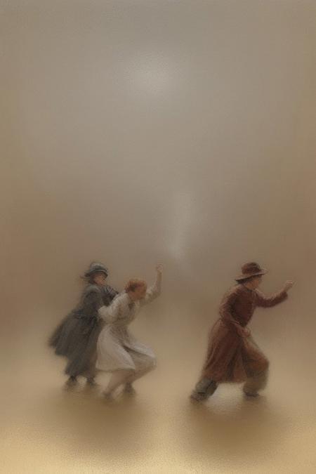 A dynamic painting in soft pastel colors depicting figures in motion through a thick fog, evocative of the Dutch Golden Age style.  The painting features soft brushwork, blurred lines, and action poses, creating a gentle and soothing atmosphere.