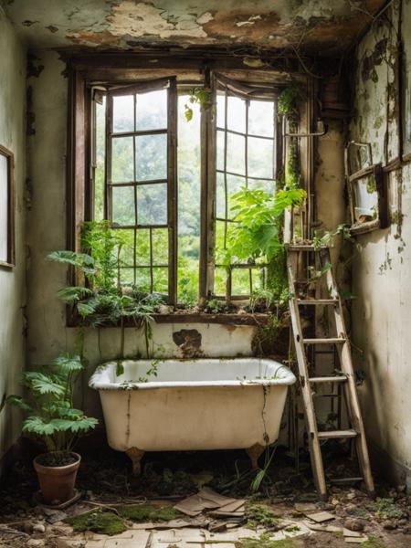 a bathroom with a window and a ladder in it and a plant growing out of the window sill, Dirk Crabeth, overgrown, a jigsaw puzzle, environmental art<lora:Abandoned:1>