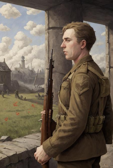 heroic portrait of a man ww1brit holding a rifle with his hand, explosions in the background, night, apocalypse, Verdun, Ypres, Passchendaele Barrages,Machine guns, Blizzard, Explosions, Chaos,Mangled,Sinister, Isolation,Hopelessness, Poppies, Chiaroscuro, Repetition, High contrast, in the style of Ren Magritte,Paul Delvaux, ultra detailed, intricate, surrealism, oil on canvas, dry brush, <lora:ww1brit_v0.1:0.6>