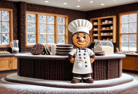 (masterpiece, best quality, ultra-detailed, intricate details:1.3), (photorealistic:1.2),
A cozy bakery interior entirely crafted from various cookies: cookie brick walls, gingerbread countertops, wafer tile floor, sugar glass windows. Center stage, a large, friendly anthropomorphic cookie baker wearing a simple white chef's hat. He is meticulously sculpting a small human figure out of raw cookie dough on a flour-dusted cookie workbench. The baker is focused, with a subtle, content smile. Intricate details: crumbs on the bench, texture of the cookie baker (slightly cracked, sugar crystals), tools made from pretzels and candy, jars of sprinkles, ambient warm bakery lighting. Style: Warm, whimsical realism. Bokeh background.