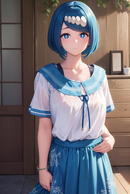 pokemonmotherlana, <lyco:pokemonmotherlana-lyco-nochekaiser:1>,
pokemonmotherlana, blue eyes, blue hair, freckles, hair ornament, long hair, swept bangs, (bright pupils:1.5),
BREAK blouse, blue skirt, bracelet, collarbone, dress, jewelry, long skirt, shirt, short sleeves, skirt, white shirt,
BREAK looking at viewer, full body, (cowboy shot:1.5),
BREAK indoors,
BREAK <lyco:GoodHands-beta2:1>, (masterpiece:1.2), best quality, high resolution, unity 8k wallpaper, (illustration:0.8), (beautiful detailed eyes:1.6), extremely detailed face, perfect lighting, extremely detailed CG, (perfect hands, perfect anatomy),