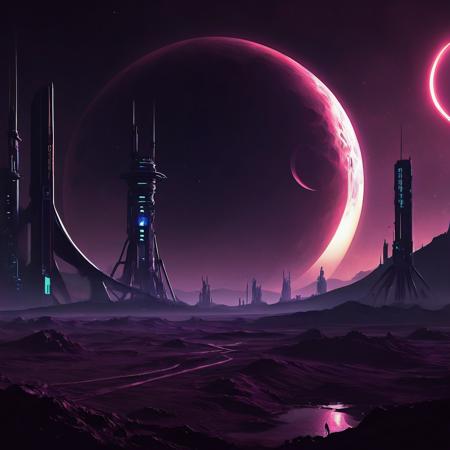 A digital painting depicting a dark and sinister landscape and eclipse inspired by lovecraft and cyberpunk aesthetic. launchpad, space complex, space center