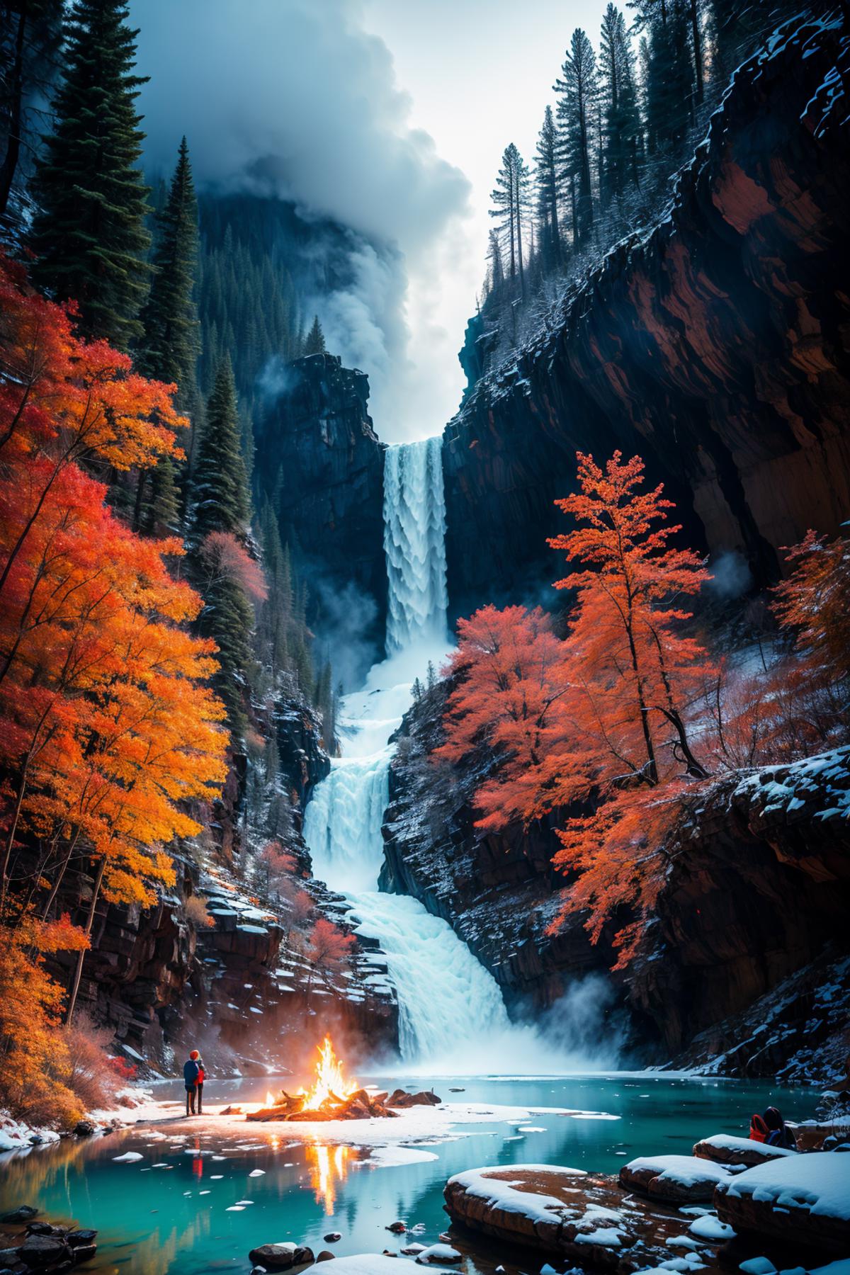 A Majestic Waterfall in a Mountain Canyon with Trees