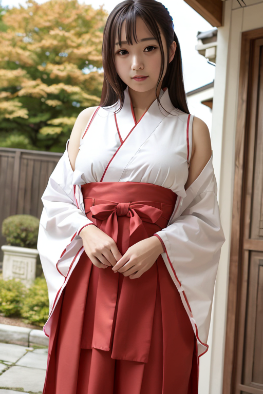 1girl, realistic, solo,  (masterpiece:1.2), best quality,  outside, <lora:miko_v10-10:0.6> , miko, red hakama, miko_clothe...