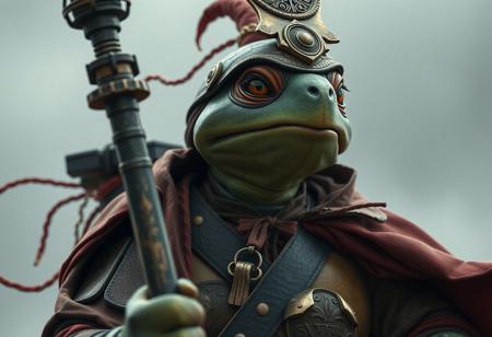 Create a highly detailed, cinematic close-up of an anthropomorphic turtle samurai on a Castle of Chaos 城 shiro, inspired by Steve Prescott's keylight and fashionable RPG clothing. The turtle samurai should be part of a gang of circus clowns, as envisioned by Jesper Myrfors, and wear a flowing cloak, reminiscent of Ayami Kojima's style. Incorporate muted colors, micro details, and lifelike details, with a focus on photorealistic quality, akin to art by artgerm and Greg Rutkowski. Utilize a gridless, necromancer suit design, with a sharp focus and no blur or depth of field, targeting an 8k resolution and HD quality.