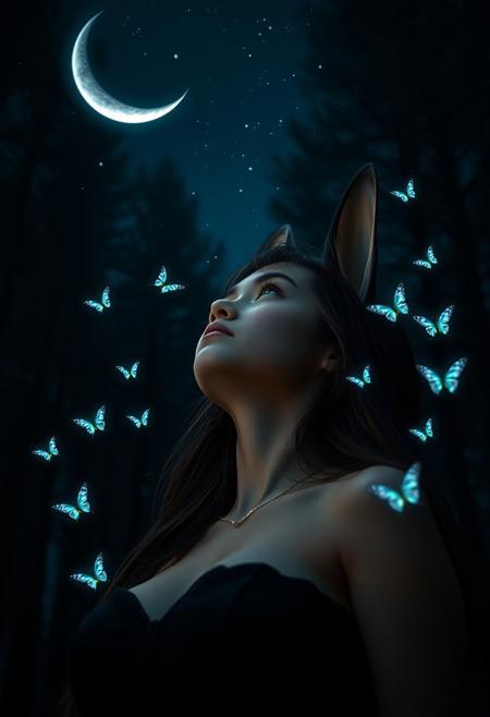 Girl with big breasts with cat ears gazing upwards, lost in contemplation as she takes in the majesty of the night sky. Against the darkened backdrop of a mystical forest, a silver crescent moon casts an ethereal glow, while starlight twinkles like diamonds scattered across the canvas. A fluttering cloud of bioluminescent butterflies dance around her head, their soft luminescence illuminating her gentle features as she basks in the celestial display. highly detailed and hyper realistic photo, by Alena Aenami , by Archibald Thorburn , by Daniele Afferni , limited dark palette, unusual dark colors, faded colors, atmospheric haze, highly dramatic cinematic lighting, motion blur, film grain,  professional, excellent composition, finest details, maximized details, ultimate detail level, masterpiece, best quality