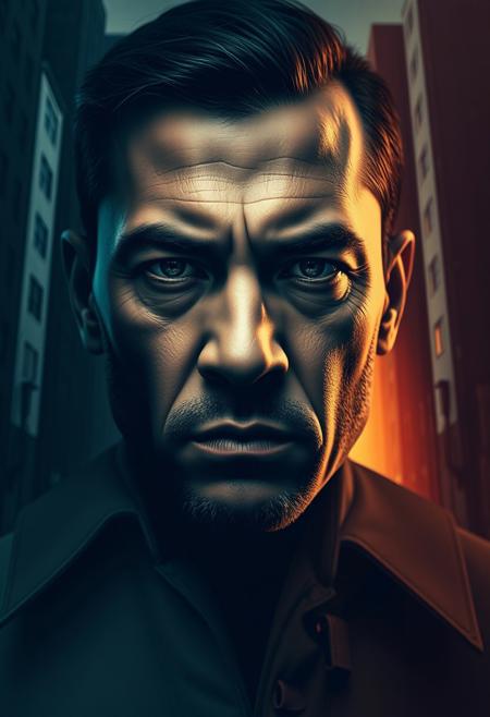 A deep, introspective portrait of a strong, determined face, where the background subtly blends into abstracted, sharp-edged buildings and dark, empty streets.
crisp stylized geometric landscapes, richly detailed and expressive portraits, vibrant cinematic lighting, deep emotional storytelling, bold structured shapes blending into intricate realism, soft gradient color transitions, smooth abstracted forms meeting textured photographic details