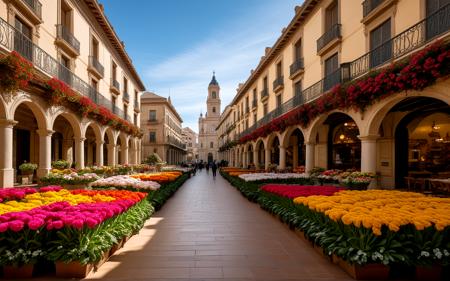 wide shot,A peaceful winter afternoon in the Plaza de las Flores, Murcia, showcasing colorful flower stalls under soft, diffused light, the baroque architecture of nearby buildings softly glowing, and the scent of fresh blooms filling the air, creating a cozy, inviting scene,, sweeping landscapes, unique perspectives, epic scale, revealing hidden beauty, showcasing vastness, immersive experience, precise compositions, expert piloting, dynamic angles, cinematic storytelling, showcasing natural wonders, aerial exploration