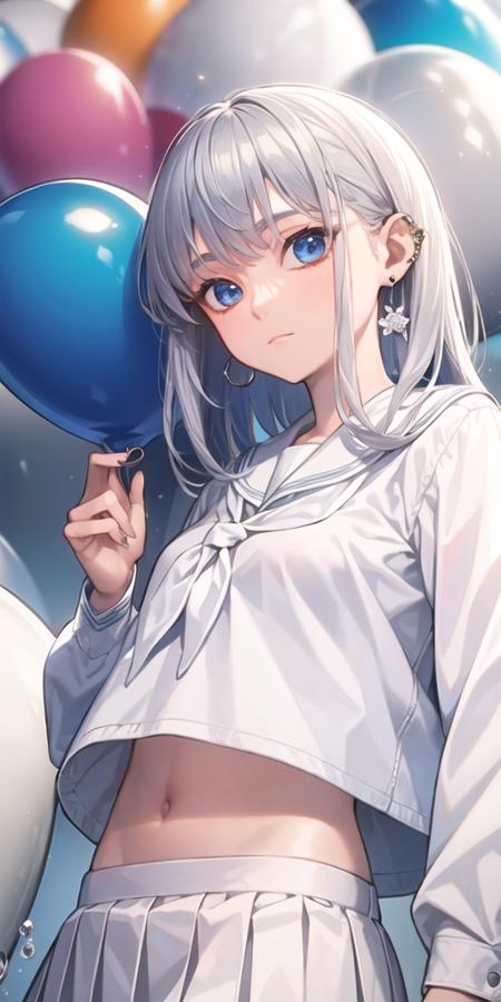 1girl, balloon, blue eyes, branch, ear piercing, earrings, expressionless, flower,from below, jewelry, looking at viewer, neckerchief, piercing, skirt, solo,upper body, white hair, white neckerchief, white theme, school uniform, serafuku,shirt, white serafuku, white shirt, sailor collar, pleated skirt, white flower, closed mouth, long sleeves, medium hair, midriff peek, water drop,<lora:mina_loha_v1a:1>