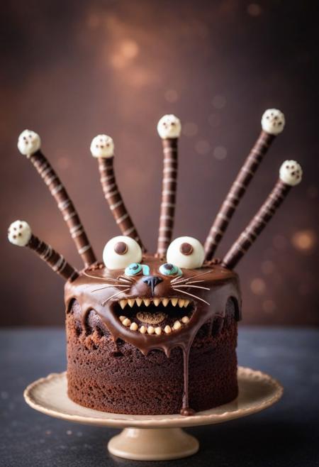 an expressive chocolate cake, detailed, perfect composition, googly eyes, sharp chocolate teeth, chocolate cat with extra long legs, in space. Close up, blurry background.