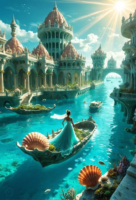 An advanced oceanic civilization city built atop turquoise waters, spiraling shell-like buildings and coral-formed towers, glowing aquatic plants lining the canals, a woman in a flowing gown steering a shell boat toward a conch-shaped palace, sunbeams penetrating the surface, serene and mythical atmosphere.