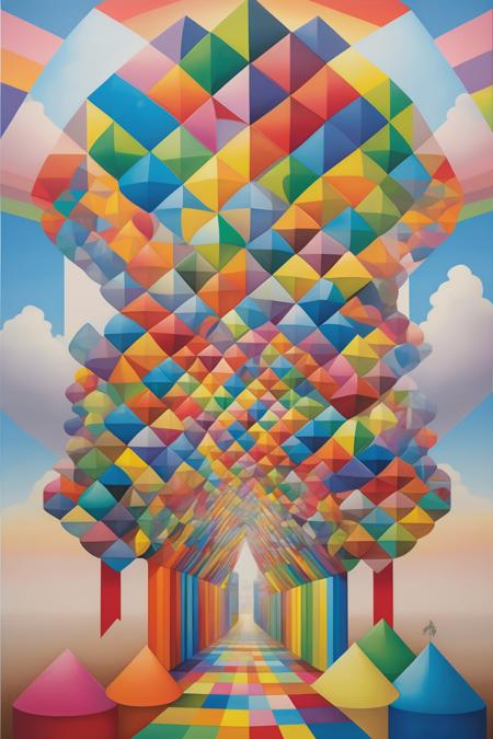 <lora:Okuda San Miguel Style:1>Okuda San Miguel Style - oil painting of depicting branding of a company by Okuda San Miguel, Rainbow geometric architectures blend with organic shapes, Pop Surrealism, Essence of street forms, Geometric structures and multicolored prints, Colorful, High Detail, Symmetry, Poster