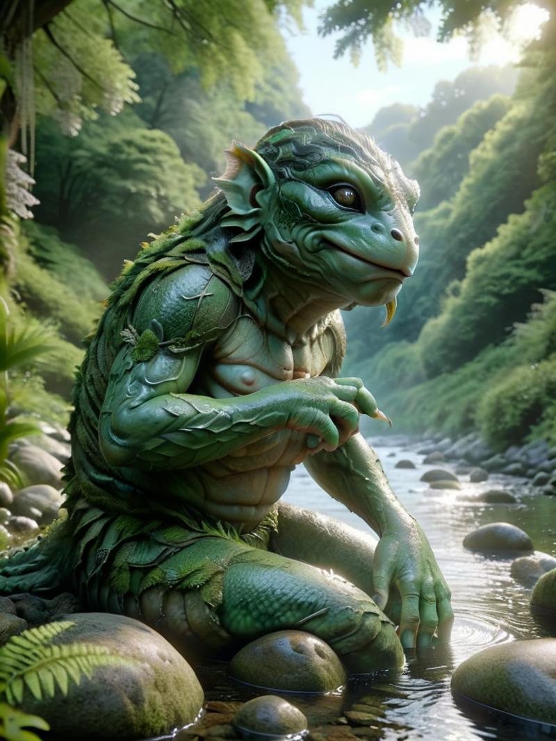 A green creature with a fish-like tail and a human-like torso is sitting on rocks in a stream.