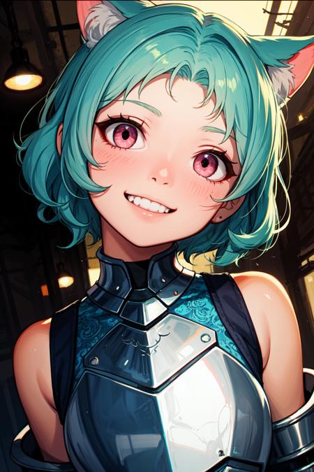 (masterpiece, best quality, SFW:1.2), fascinating, spirals, psychedelic, translucency
BREAK
1girl, thirsty, grin, looking up, forehead, (pettanko, petite:1.2),  (light cyan hair, very short hair, tri tails, curly hair:1.2), (pink eyes:1.2)
BREAK
( armor)
BREAK
perspective,upper body, head tilt
BREAK
outdoors, shipyard