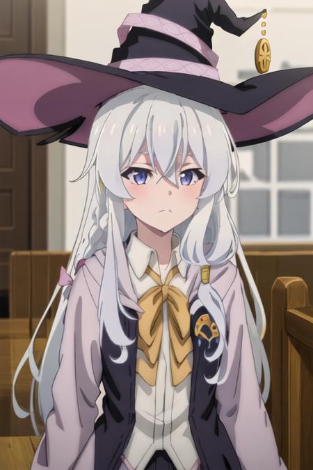 best quality, masterpiece, highres, solo, {elaina_majonotabitabi:1.15}, long_hair, bangs, hair_between_eyes, blue_eyes, closed_mouth, grey_hair, bow, white_hair, hat, witch_hat, black_headwear, purple_eyes, 1girl, braid, collared_shirt, portrait, shirt, white_shirt, yellow_ribbon, ahoge, anime_coloring, ribbon, indoors, looking_at_viewer, blurry, blurry_background, yellow_bow