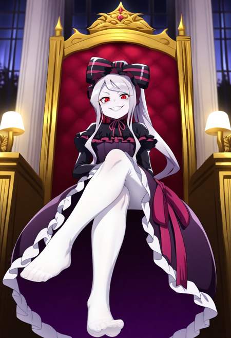 shalltear, 1girl, grey hair, long hair, ponytail, red eyes frilled dress, black dress, bow, white frills vampire, pale skin