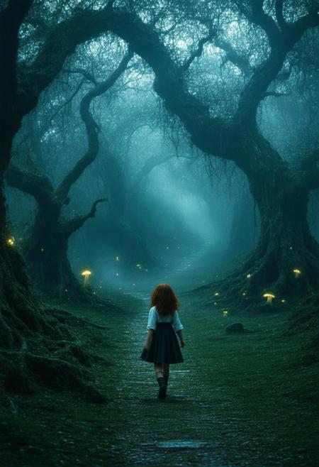 Epic cinematic poster, young determined schoolgirl with reddish-brown hair, green eyes and freckles walking confidently on a winding path through a haunted mystical forest, towering gnarled trees with twisted branches, bioluminescent mushrooms, thick swirling fog, shafts of pale moonlight filtering through canopy, dark emerald and slate color palette, dramatic chiaroscuro lighting, hyper-detailed 8k render, style blending Greg Rutkowski's fantasy realism with Mike Mignola's shadow work, atmosphere of mysterious foreboding, faint glowing runes on ancient stones, cinematic composition with low camera angle