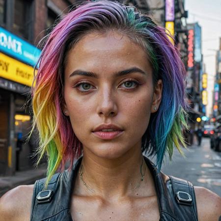 epic realistic, DV_Karah_Vicious, cyberpunk lanscape, ultra realistic, cinematic lighting, ultra detailed, detailed gorgeous face, beautiful girl, olive skin, medium length rainbow hair, simetric face, good anatomy, deusamelada, (Masterpiece:1. 3), (best quality:1. 3), <lora:add_detail:0. 4> <lora:epi_noiseoffset2:0. 4> <lora:hairdetailer:0. 6> <lora:more_details:0. 3> <lora:add-detail-xl:1. 2> <lora:DetailedEyes_V3:1. 2> <lora:sd_xl_offset_example-lora_1. 0:1. 2>, (natural skin texture, hyperrealism, soft light, muted colors), background, rutkowski, rim light