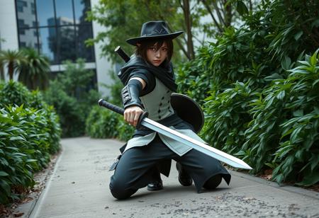 A dynamic photorealistic portrait of a cosplayer embodying a "Final Fantasy VII" character. Dressed in a stark black and white outfit and black hat, the figure kneels on a rough concrete path amidst abundant green foliage. A sword is gripped in the right hand, a shield held ready in the left, in a tense, battle-ready stance. An urban structure with a reflective glass window looms in the background. The scene captures a moment of impending adventure with dramatic lighting. High-res, 4K, Exceptional Quality, More Detail, Lifelike Details, Super Detailed Face and Eyes and Clothes, Handcrafted with Precision, High Quality, Stunning Colors, Harmonious Colors, Multi Colored, Contemporary Aesthetics, Impeccable Composition, Creative Angle, Attractive Background, Balanced Editing, Intentional Focus, Well-timed Moment, Dynamic Action Pose, Captivating Lighting, Octane Render, Unreal Engine 5, Vivid Emotions, Beautiful Detailed Eyes, CGSociety, Artstation Trending on ArtstationHQ, Golden Ratio.