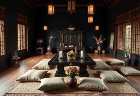 "A serene ritual room designed in the Modern Wabi Sabi + Tropical style, dedicated to ancestor worship. The walls are painted austere black, providing a calming backdrop that enhances the room's spiritual essence. At the center, a handcrafted deep brown altar with intricate carvings serves as the focal point for offerings and ancestral tablets.
Behind the altar, a traditional dark wood dining table seats 8-12, facilitating family gatherings during ceremonies. The table's elegant design complements the room's natural textures and provides a central area for ritual activities.
Natural elements abound, with warm wood textures throughout the space, including low wooden benches and soft beige floor cushions that encourage communal participation. Handwoven textiles in muted earth tones add depth and warmth to the seating arrangements.
Delicate incense burners and white candles on the altar emit a soft glow, inviting contemplation and connection with ancestors. Fresh flowers in earthy hues and vibrant greens are arranged in simple ceramic vases, embodying Wabi Sabi’s appreciation for natural beauty.
A subtle woven rug enhances the room’s texture, while ambient lighting from lanterns casts gentle shadows, creating a tranquil atmosphere. The room seamlessly blends Wabi Sabi’s embrace of natural imperfection with tropical vibrancy, making it a sacred and inviting space for honoring family traditions."