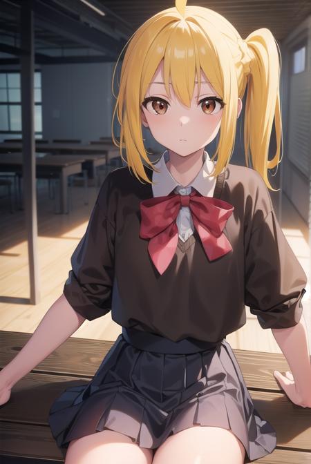 nijikaijichi, <lora:nijikaijichitest:1>, nijika ijichi, ahoge, (yellow hair:1.5), (brown eyes:1.7), long hair, one side up, (flat chest:1.2),
BREAK black skirt, bow, bowtie, collared shirt, pleated skirt, polka dot, polka dot bow, red bow, red bowtie, red footwear, shirt, shoes, short sleeves, skirt, socks, white shirt, white socks,
BREAK looking at viewer,
BREAK indoors, classroom,
BREAK <lora:GoodHands-vanilla:1>, (masterpiece:1.2), best quality, high resolution, unity 8k wallpaper, (illustration:0.8), (beautiful detailed eyes:1.6), extremely detailed face, perfect lighting, extremely detailed CG, (perfect hands, perfect anatomy),