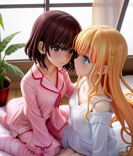 photo of figurines of Kurea hair down, ReiT, yuri, 2girls, pajamas, collarbone, red eyes, beautiful eyes, skirt, sitting, besides windows, figure, depth of field, bokeh, on bed, realistic, from above, blurry background, looking at another, plants, wariza, comforter, barefoot, riding on another, <lora:wataoshi_EP01to10-loha-bundle-25000:1:1:lbw=1,0,0,0,0,0,0,0,0,0,0,0,0,0,0,0,0,1,1,1,1,1,1,1,1,1>, <lora:pvc:1>