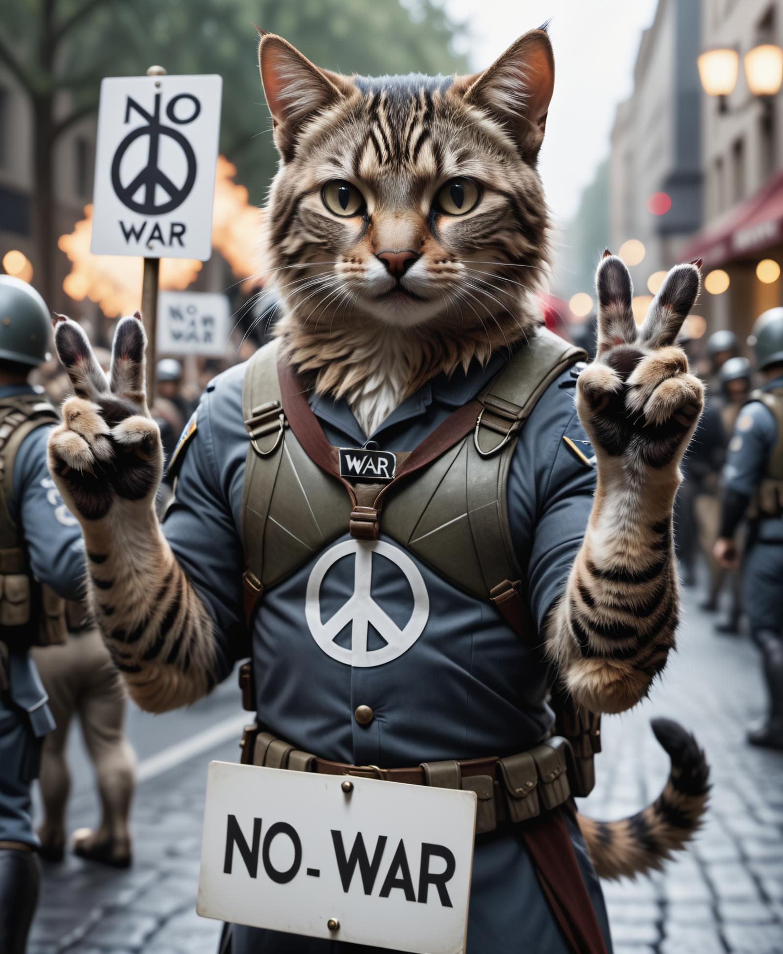 A protester dressed as a cat holds a sign that says "no war."