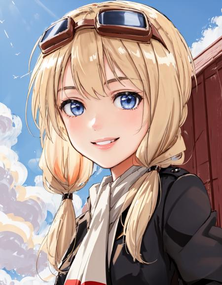 <lora:Carla-10:0.8>  1Girl , Solo , Carla , blonde hair , military uniform , goggles on head , jacket , scarf , smile , blue eyes  , low twintails , portrait , sky background ,