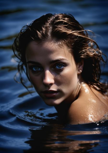 Suzanne v9, in the style of hyper - realistic water, emotive lighting, expressive eyes, candid celebrity shots, light navy and brown, photo taken with provia, les nabis