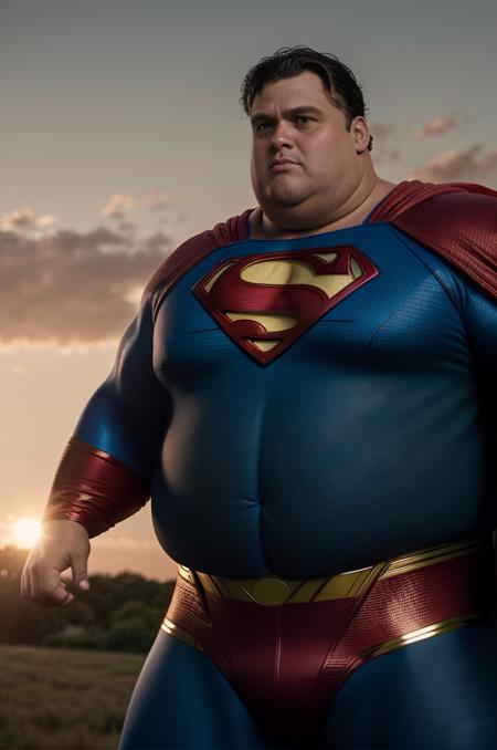 cinematic film still hyper realistic, a fat middle-aged man, (dressed as Superman:1.2), in the background an open field, sunset <lora:weight_slider_v2:2> <lora:curly_hair_slider_v1:5> . shallow depth of field, vignette, highly detailed, high budget Hollywood movie, bokeh, cinemascope, moody, epic, gorgeous, film grain, grainy