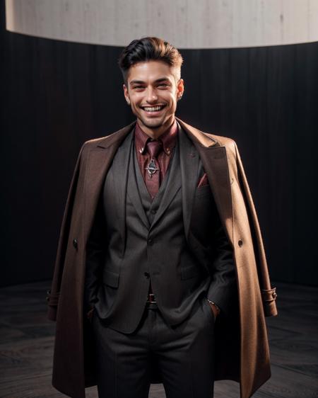 cinematic lighting, (full body), <lora:RStyleV4:1> RSyle, man standing with hands in pockets, (grin:1.2), (smile),(teeth), (fangs), jewelry, esolo, hands in hair, BREAK  <lora:COS1:.8> coat on shoulders, jacket on shoulders, coat, shoes, simple background, (sharp:1.2), (qood quality:1.2), (RAW photo), (8K), (detailed), (photorealistic),<lora:add_detail:.7>
