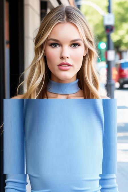 joycorrigan piercing eyes, looking straight, very happy, long hair, wearing an off-shoulder sweater, choker, closeup portrait, in a outdoor cafe in 2015, afternoon light