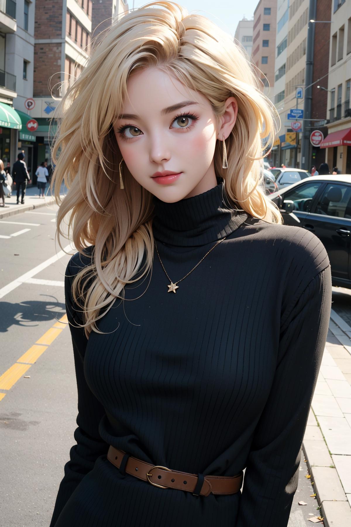 A pretty young woman wearing a black top and earrings posing on the street.