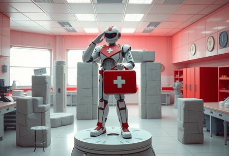 Create a photorealistic image of a robot standing on a Stonehenge Methods structure in a 1970s science lab. Incorporate the great wave and white and red color scheme prominent in the image. The robot should be holding a first aid kit and be dressed in attire reminiscent of a conductor, with a pose of saluting. Use pixelperfect and kit bash techniques, with attention to correct proportions and a focus on healing and academia style. The image should evoke a sense of artistic, top quality tfwiki.net photography.
