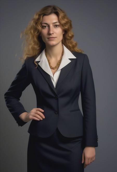 Photograph of Simonetta Cattaneo Vespucci, Botticelli's model for Birth of Venus, woman, 24yo, wearing office attire, managerial style, standing for a formal portrait, CEO, executive,